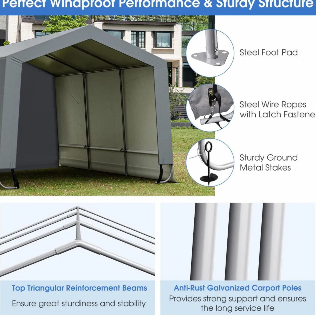 Tangkula 10x16Ft Heavy-Duty Carport, Outdoor Portable Garage with Reinforced Triangular Beams, Galvanized Steel Frame