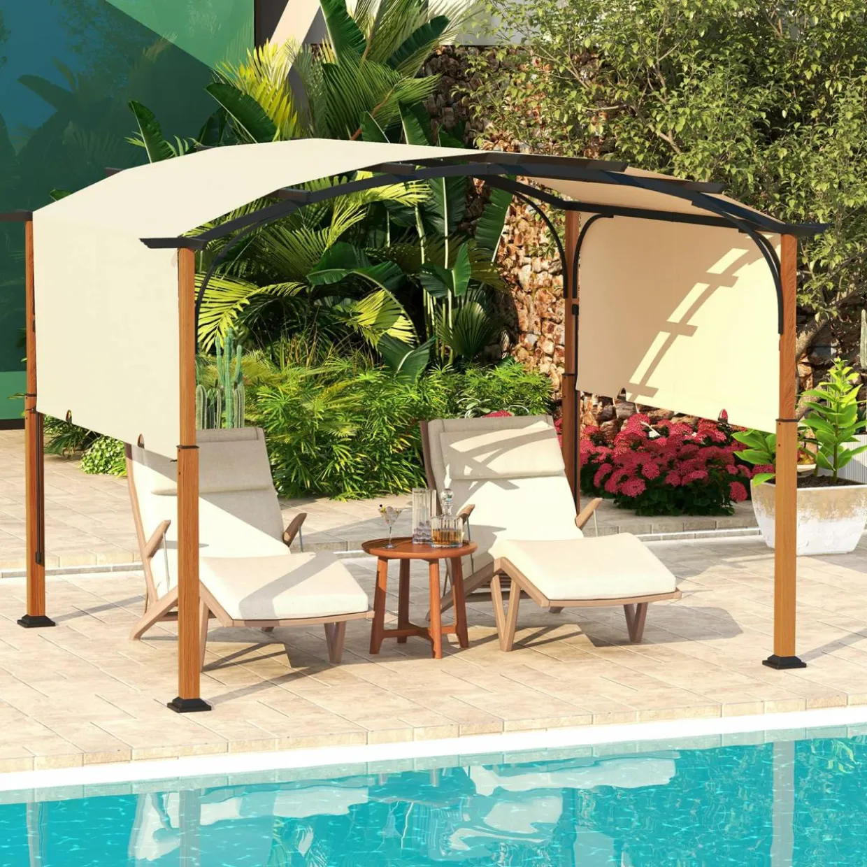 Tangkula 10x12Ft Pergola, Arched Patio Pergola with Retractable Sun Shade Canopy