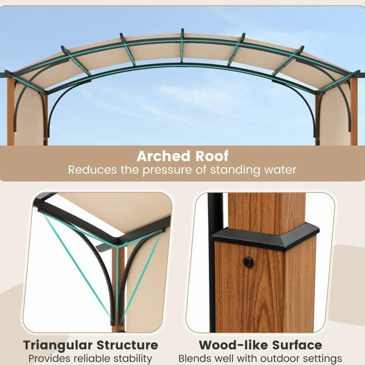 Tangkula 10x12Ft Pergola, Arched Patio Pergola with Retractable Sun Shade Canopy