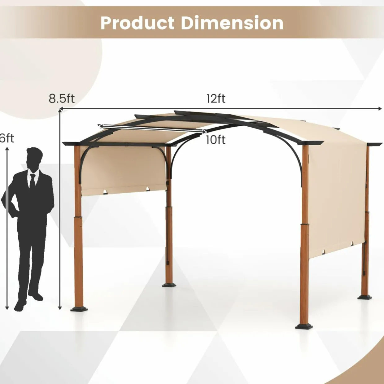 Tangkula 10x12Ft Pergola, Arched Patio Pergola with Retractable Sun Shade Canopy
