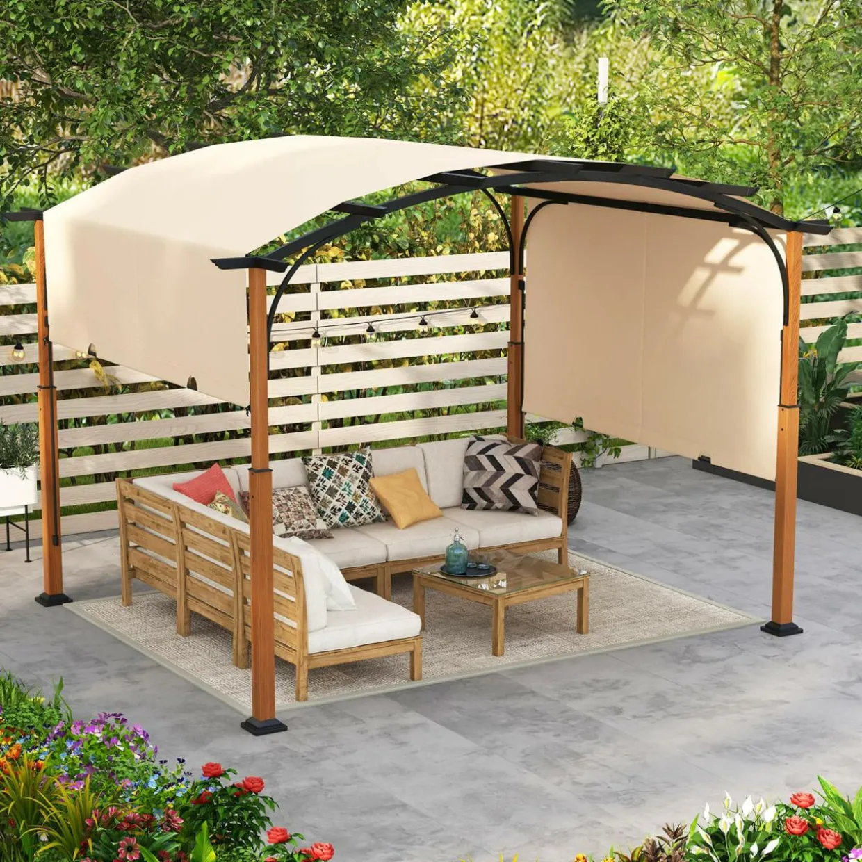 Tangkula 10x12Ft Pergola, Arched Patio Pergola with Retractable Sun Shade Canopy