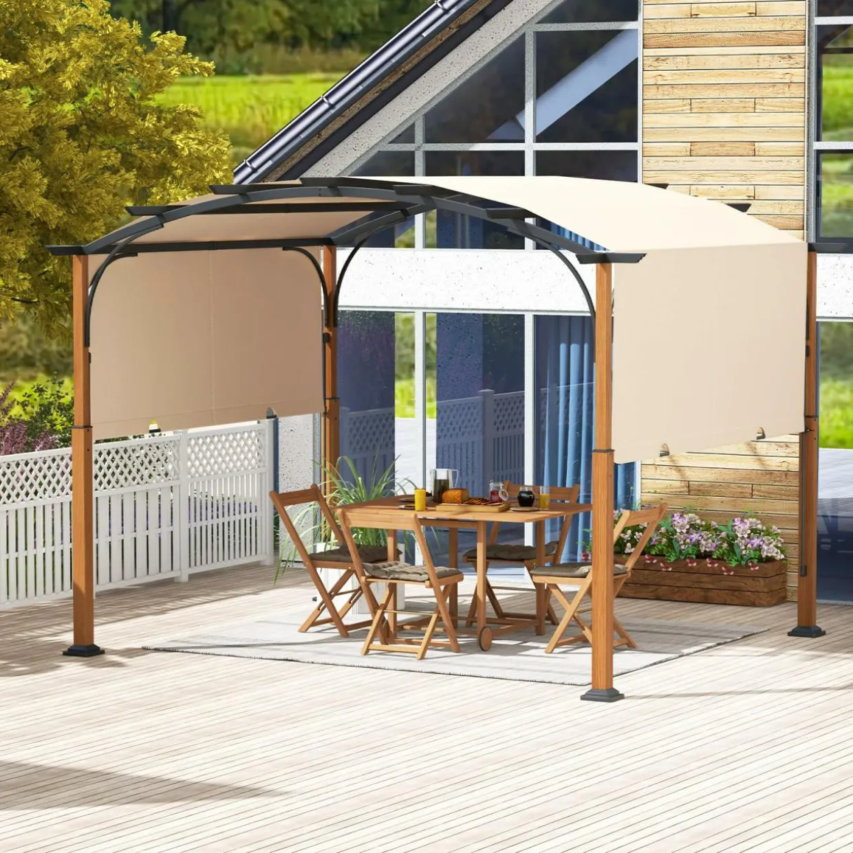 Tangkula 10x12Ft Pergola, Arched Patio Pergola with Retractable Sun Shade Canopy