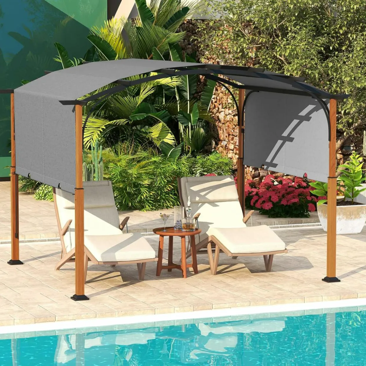 Tangkula 10x12Ft Pergola, Arched Patio Pergola with Retractable Sun Shade Canopy