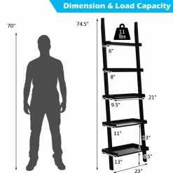 5-Tier Ladder Shelf, Wall-Leaning Bookshelf w/ Open Shelves, Plant Flower Stand