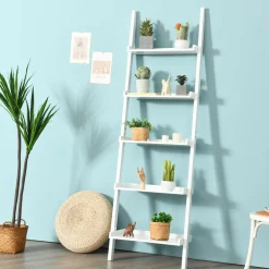 5-Tier Ladder Shelf, Wall-Leaning Bookshelf w/ Open Shelves, Plant Flower Stand
