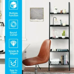 5-Tier Ladder Shelf, Wall-Leaning Bookshelf w/ Open Shelves, Plant Flower Stand