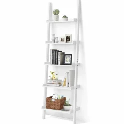 5-Tier Ladder Shelf, Wall-Leaning Bookshelf w/ Open Shelves, Plant Flower Stand