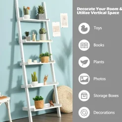 5-Tier Ladder Shelf, Wall-Leaning Bookshelf w/ Open Shelves, Plant Flower Stand