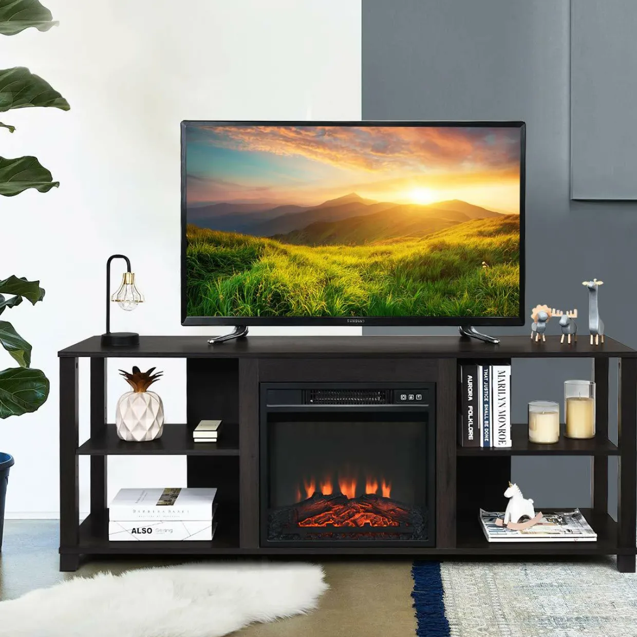 2-Tier TV Stand, Entertainment Television Stands Suitable for 18" Electric Fireplace (Not Included)