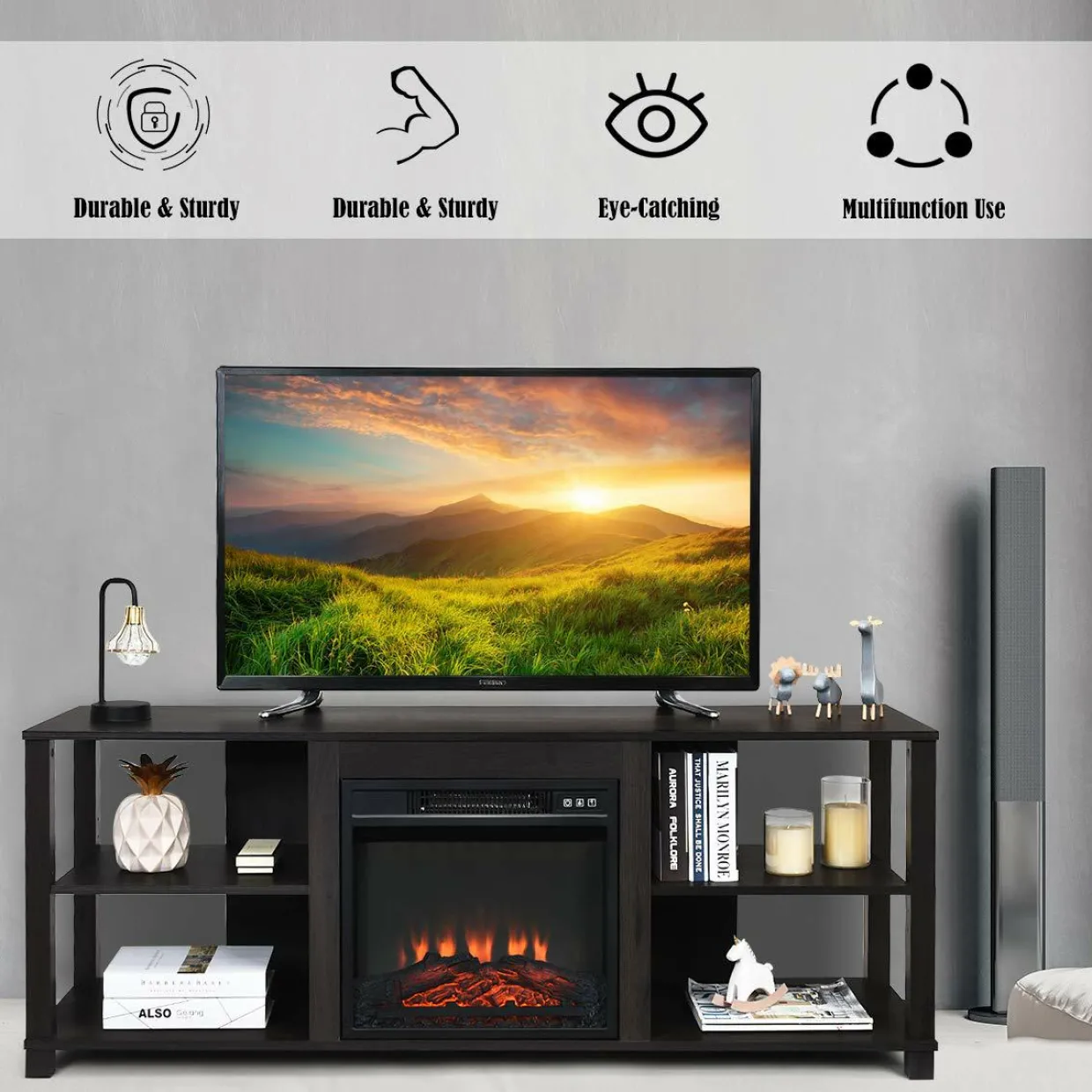 2-Tier TV Stand, Entertainment Television Stands Suitable for 18" Electric Fireplace (Not Included)