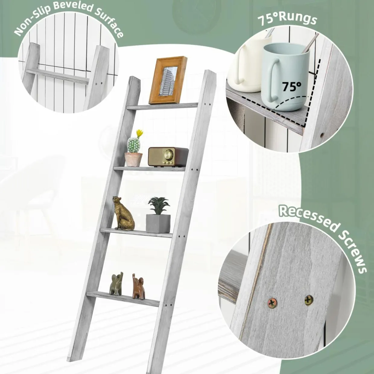 4-Tier Wooden Blanket Ladder, 4.5 ft Farmhouse Storage Rack