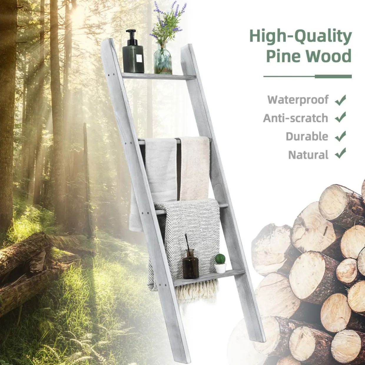 4-Tier Wooden Blanket Ladder, 4.5 ft Farmhouse Storage Rack