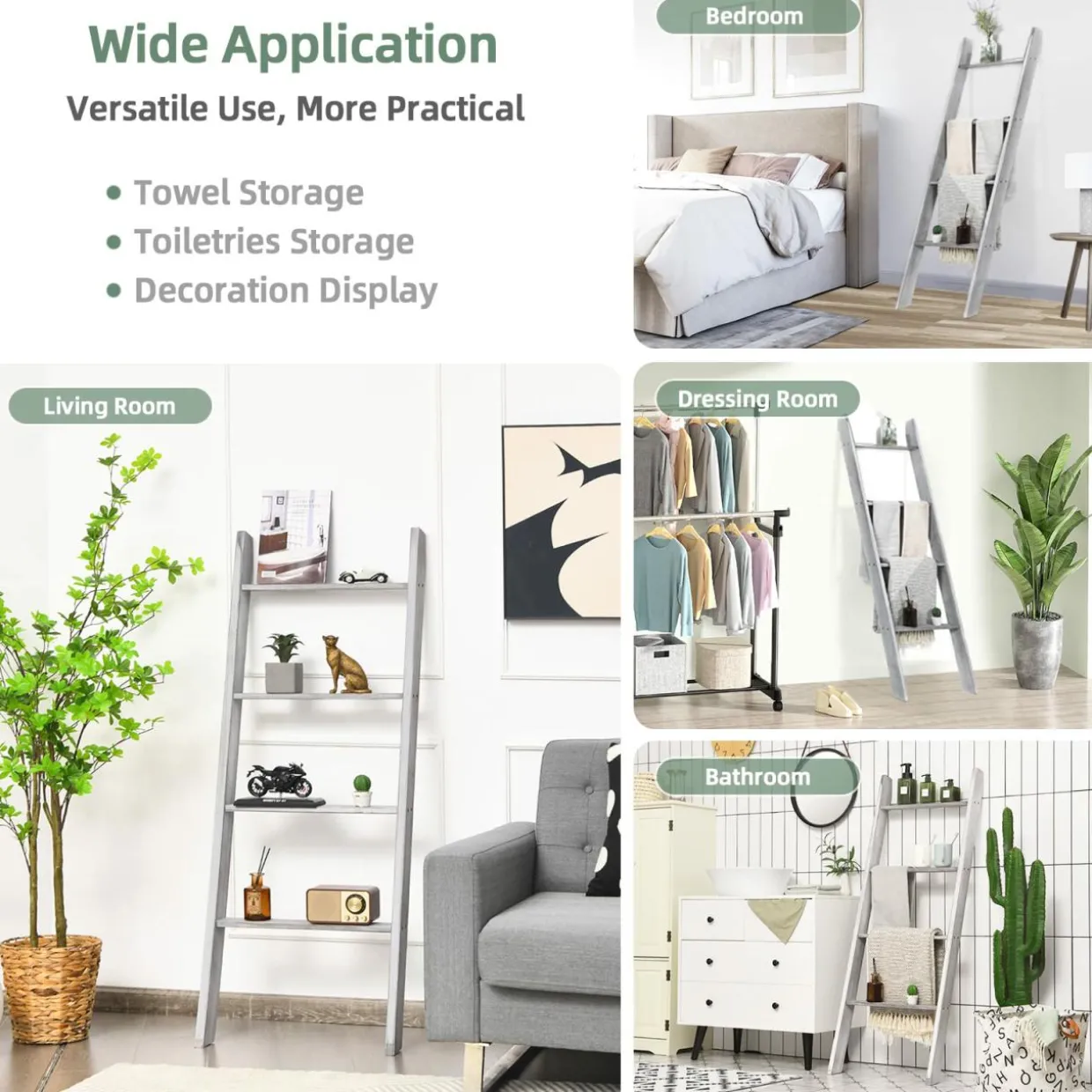 4-Tier Wooden Blanket Ladder, 4.5 ft Farmhouse Storage Rack
