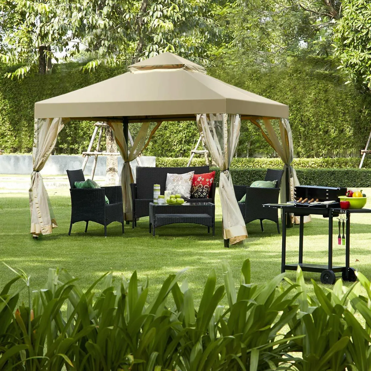 2-Tier 10x10 Feet Patio Gazebo, Outdoor Patio Fully Enclosed Gazebo Canopy Tent w/ Netting