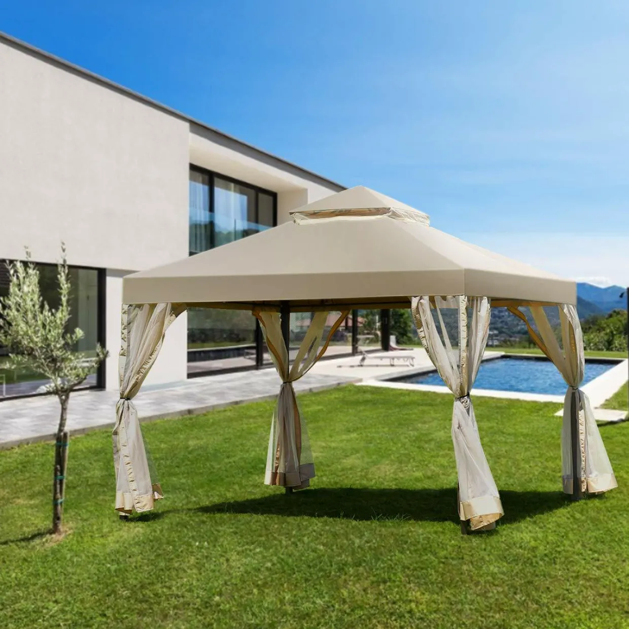 2-Tier 10x10 Feet Patio Gazebo, Outdoor Patio Fully Enclosed Gazebo Canopy Tent w/ Netting