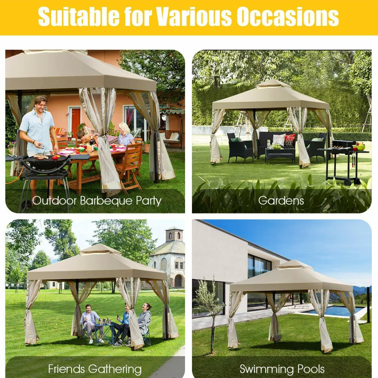 2-Tier 10x10 Feet Patio Gazebo, Outdoor Patio Fully Enclosed Gazebo Canopy Tent w/ Netting