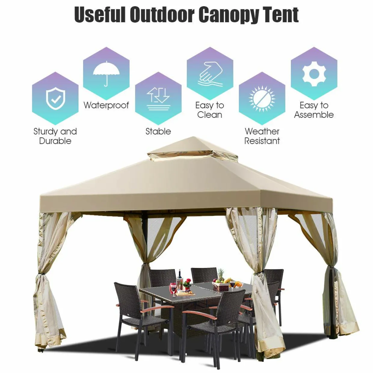 2-Tier 10x10 Feet Patio Gazebo, Outdoor Patio Fully Enclosed Gazebo Canopy Tent w/ Netting