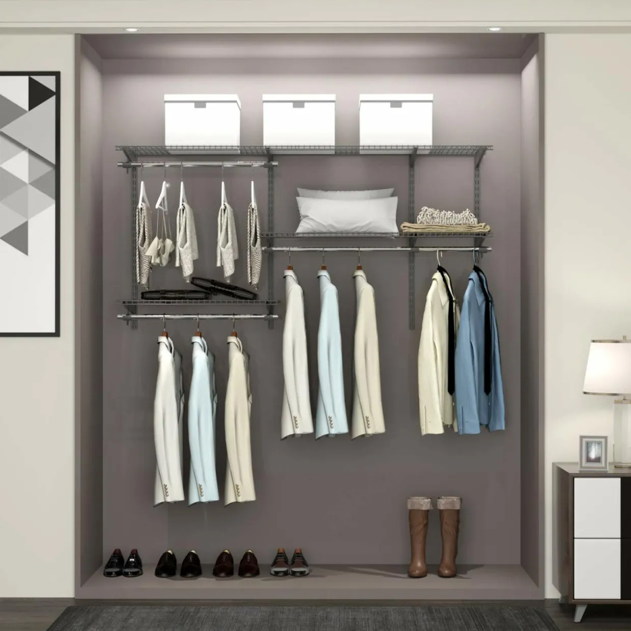 3 to 5 FT Custom Closet Organizer System Kit, Wall-Mounted Storage Organizer with Wire Shelving and Hanging Rods