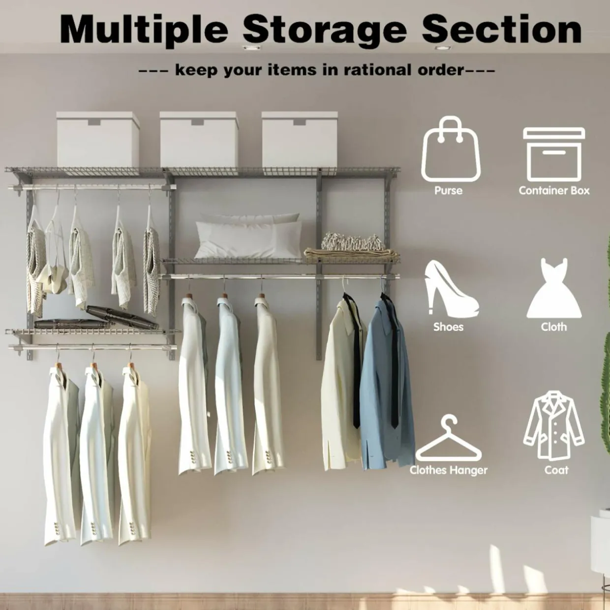 3 to 5 FT Custom Closet Organizer System Kit, Wall-Mounted Storage Organizer with Wire Shelving and Hanging Rods