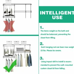 3 to 5 FT Custom Closet Organizer System Kit, Wall-Mounted Storage Organizer with Wire Shelving and Hanging Rods