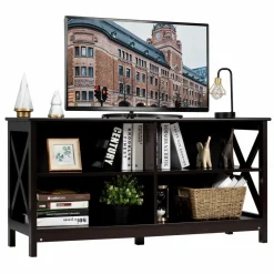 TV Stand for TVs up to 55 Inch, Farmhouse Wood Entertainment Center with X-Shaped Frame & 4 Open Storage Shelves