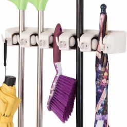 Wall Mount Mop Broom Holder, Hanging Broom Organizer w/ 5 Slots & 6 Hooks