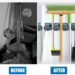Wall Mount Mop Broom Holder, Hanging Broom Organizer w/ 5 Slots & 6 Hooks