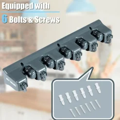 Wall Mount Mop Broom Holder, Hanging Broom Organizer w/ 5 Slots & 6 Hooks