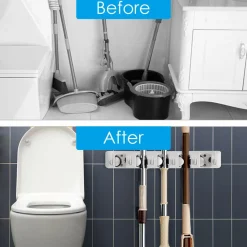 Wall Mount Mop Broom Holder, Hanging Broom Organizer w/ 5 Slots & 6 Hooks