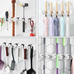 Wall Mount Mop Broom Holder, Hanging Broom Organizer w/ 5 Slots & 6 Hooks