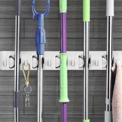 Wall Mount Mop Broom Holder, Hanging Broom Organizer w/ 5 Slots & 6 Hooks