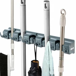 Wall Mount Mop Broom Holder, Hanging Broom Organizer w/ 5 Slots & 6 Hooks