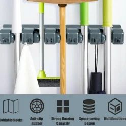 Wall Mount Mop Broom Holder, Hanging Broom Organizer w/ 5 Slots & 6 Hooks