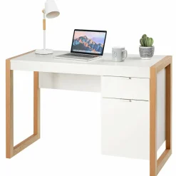 White Computer Desk with Drawer & Cabinet, Wooden Home Office Desk