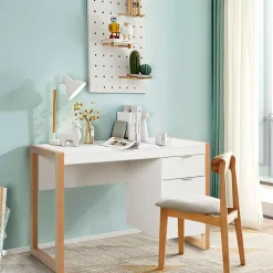 White Computer Desk with Drawer & Cabinet, Wooden Home Office Desk