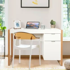 White Computer Desk with Drawer & Cabinet, Wooden Home Office Desk