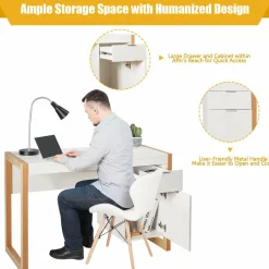 White Computer Desk with Drawer & Cabinet, Wooden Home Office Desk