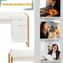 White Computer Desk with Drawer & Cabinet, Wooden Home Office Desk