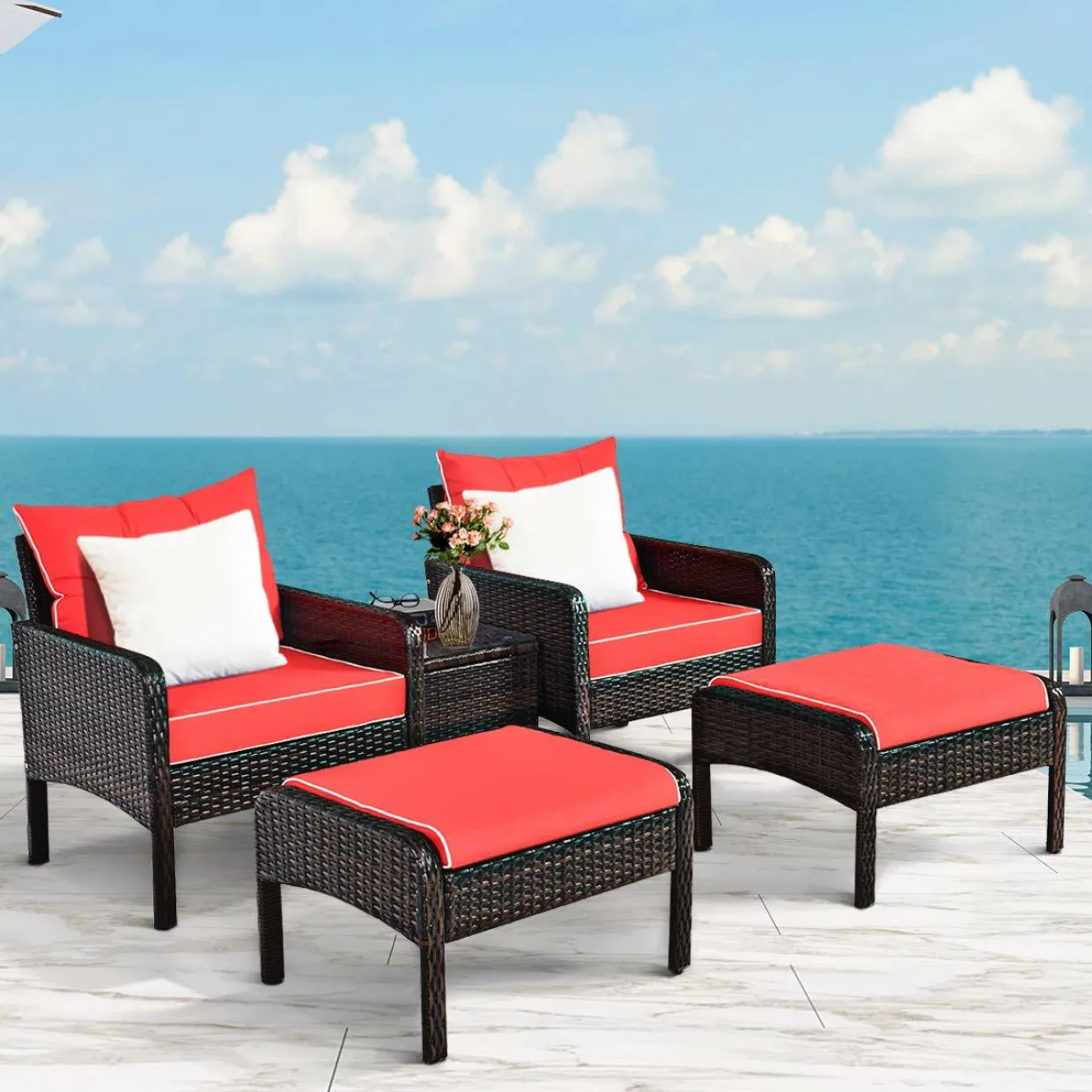 Wicker Furniture Set 5 Pieces PE Wicker Rattan Outdoor All Weather Cushioned Sofas and Ottoman Set