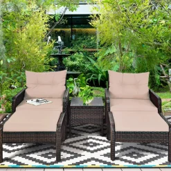 Wicker Furniture Set 5 Pieces PE Wicker Rattan Outdoor All Weather Cushioned Sofas and Ottoman Set