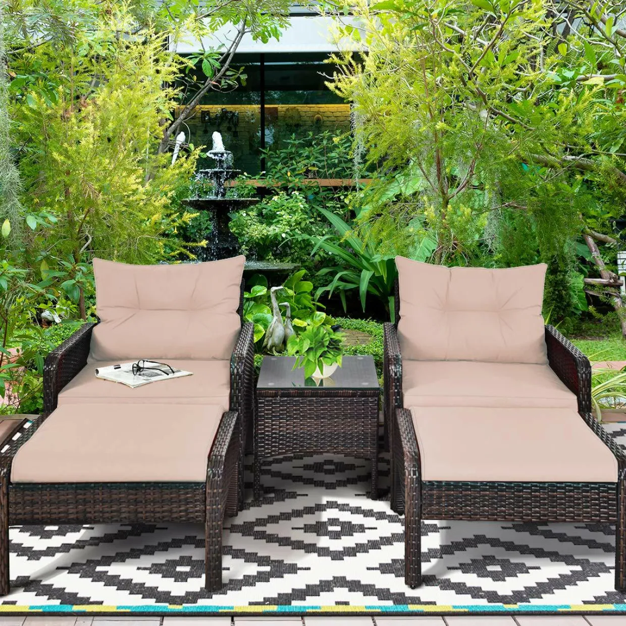 Wicker Furniture Set 5 Pieces PE Wicker Rattan Outdoor All Weather Cushioned Sofas and Ottoman Set