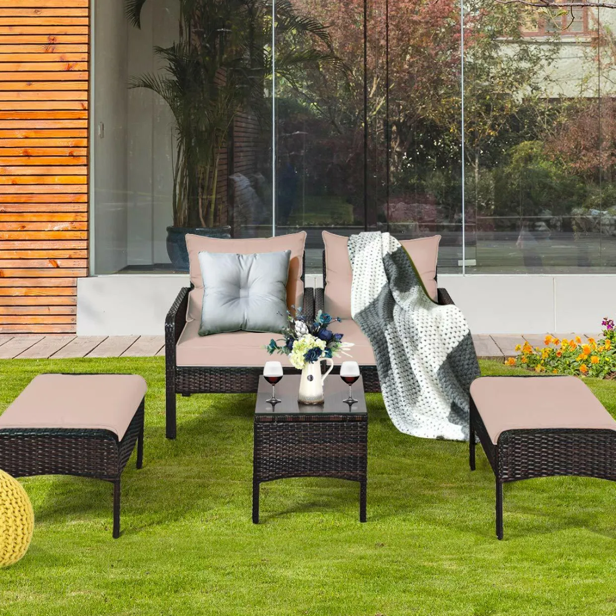 Wicker Furniture Set 5 Pieces PE Wicker Rattan Outdoor All Weather Cushioned Sofas and Ottoman Set