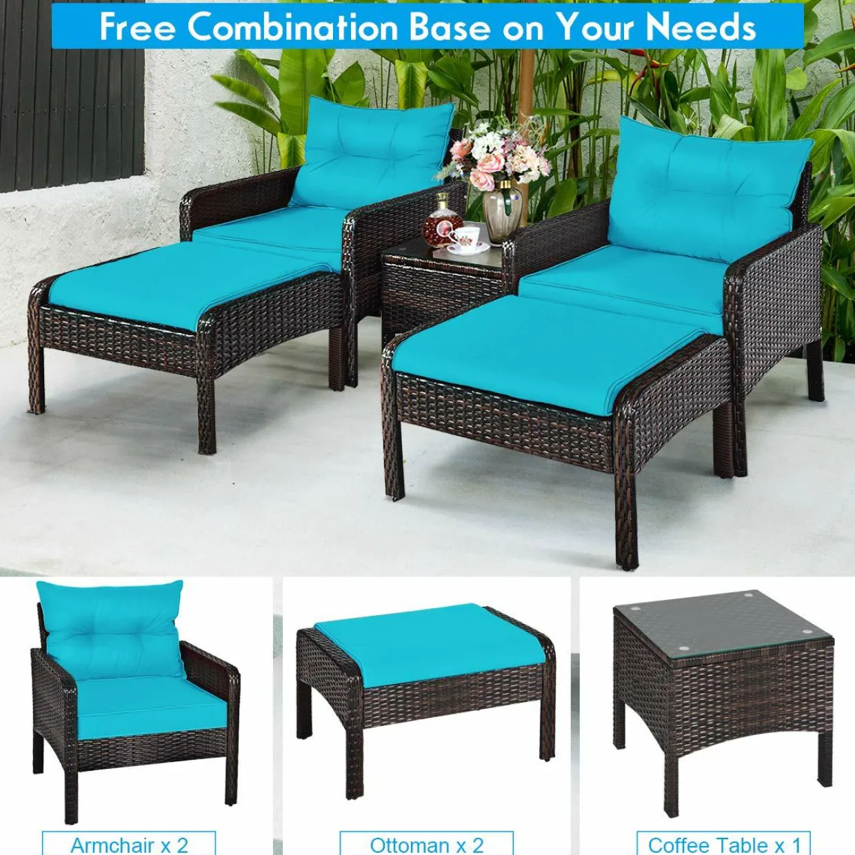 Wicker Furniture Set 5 Pieces PE Wicker Rattan Outdoor All Weather Cushioned Sofas and Ottoman Set