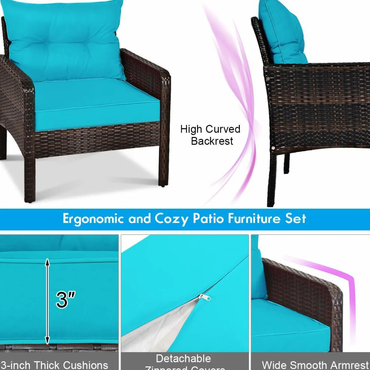Wicker Furniture Set 5 Pieces PE Wicker Rattan Outdoor All Weather Cushioned Sofas and Ottoman Set