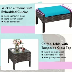 Wicker Furniture Set 5 Pieces PE Wicker Rattan Outdoor All Weather Cushioned Sofas and Ottoman Set