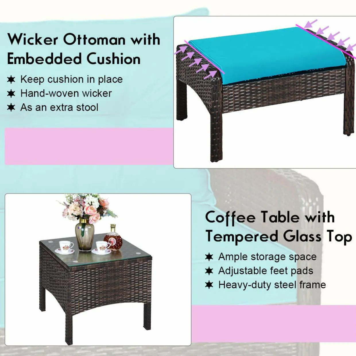 Wicker Furniture Set 5 Pieces PE Wicker Rattan Outdoor All Weather Cushioned Sofas and Ottoman Set