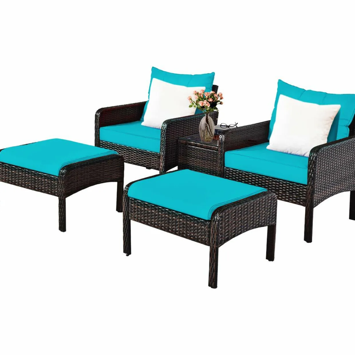 Wicker Furniture Set 5 Pieces PE Wicker Rattan Outdoor All Weather Cushioned Sofas and Ottoman Set