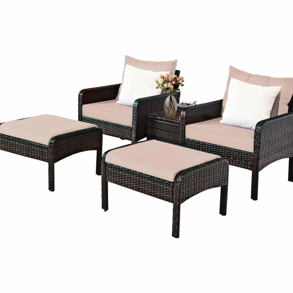 Wicker Furniture Set 5 Pieces PE Wicker Rattan Outdoor All Weather Cushioned Sofas and Ottoman Set