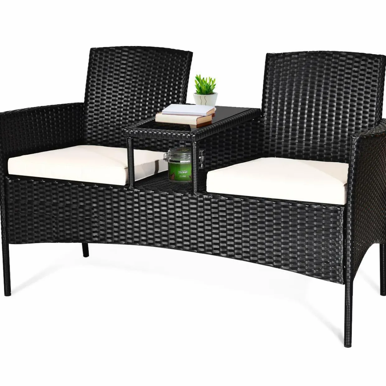 Wicker Patio Conversation Furniture Set with Removable Cushions & Table for Garden Lawn Backyard