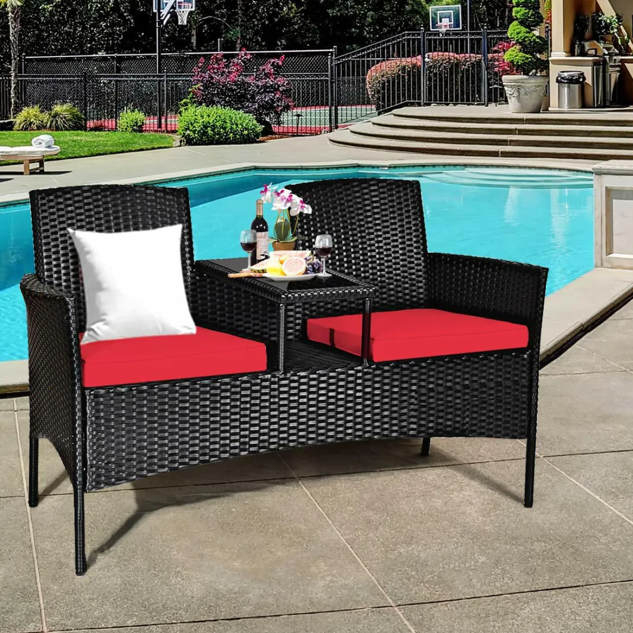 Wicker Patio Conversation Furniture Set with Removable Cushions & Table for Garden Lawn Backyard
